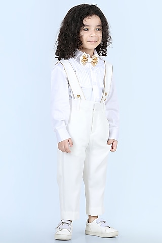 White Embellished Suspender Pant Set For Boys by The Little celebs