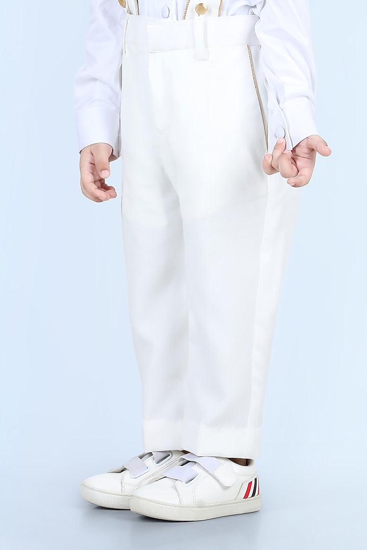 White Embellished Suspender Pant Set For Boys by The Little celebs at Pernia's Pop Up Shop
