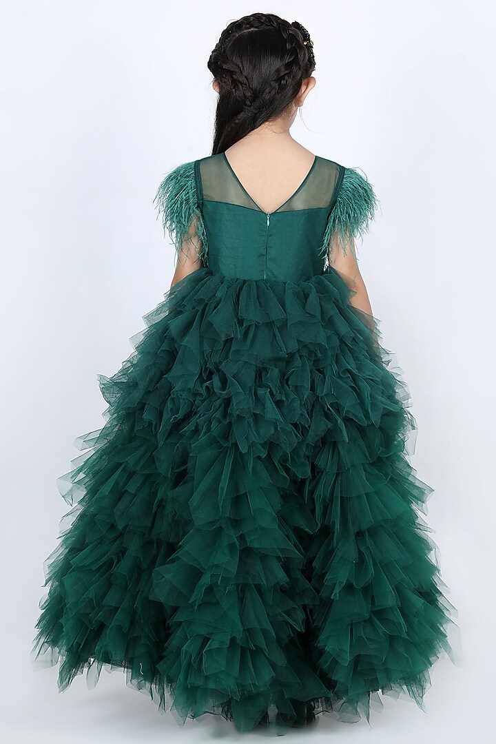 Bottle Green Embroidered Dress For Girls by The Little celebs at Pernia's Pop Up Shop