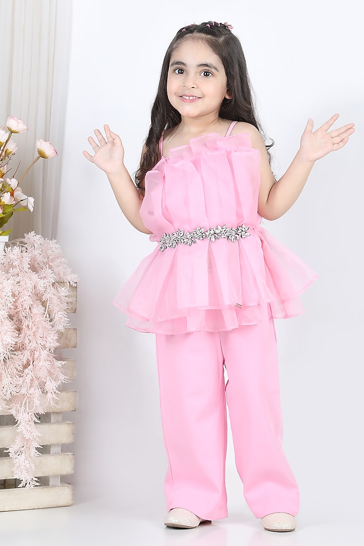 Baby Pink Imported Lycra Pant Set For Girls by The Little celebs