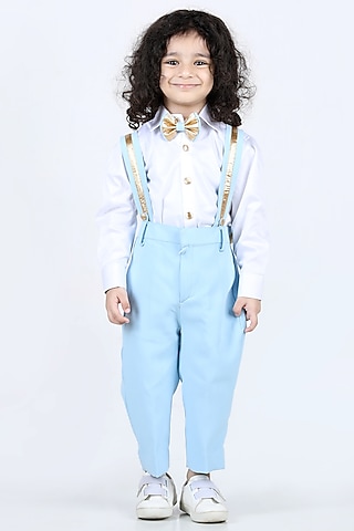 Ice Blue Embellished Suspender Pant Set For Boys by The Little celebs