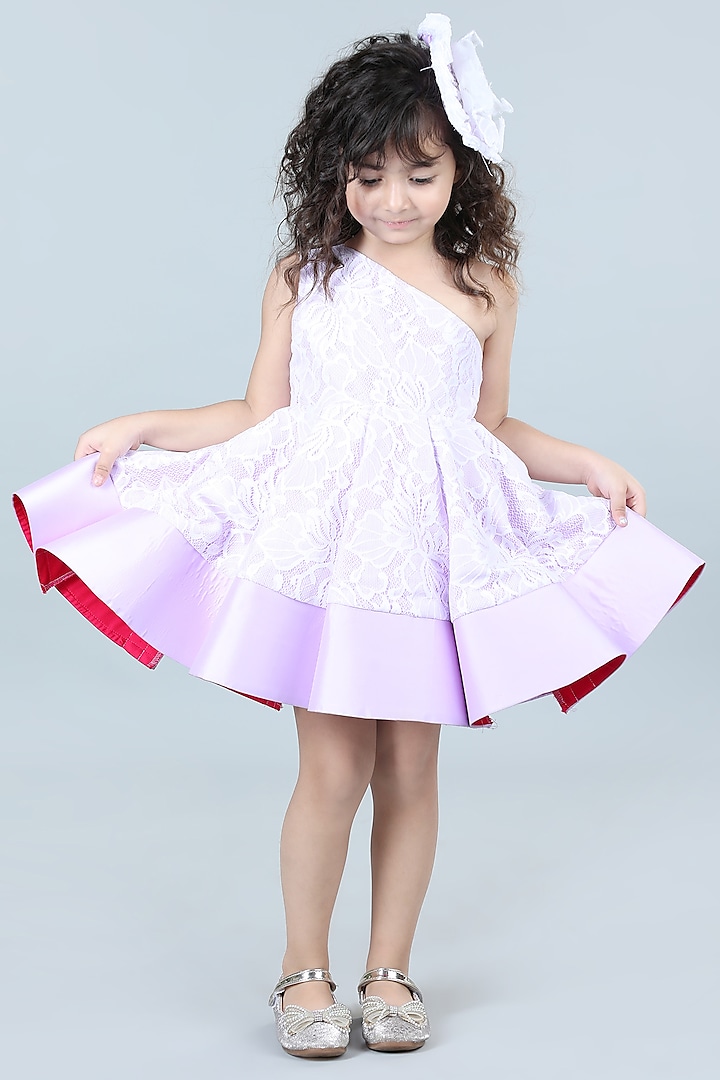 Lilac & White Silk Off-Shoulder Dress For Girls by The Little celebs at Pernia's Pop Up Shop