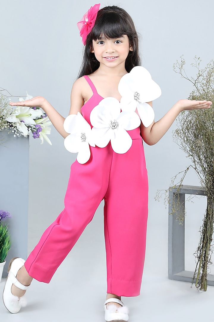 Hot Pink & White Imported Crepe Embellished Jumpsuit For Girls by The Little celebs at Pernia's Pop Up Shop