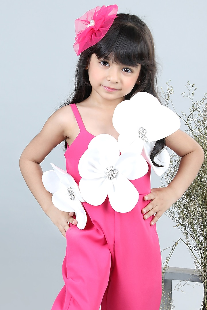 Hot Pink & White Imported Crepe Embellished Jumpsuit For Girls by The Little celebs at Pernia's Pop Up Shop