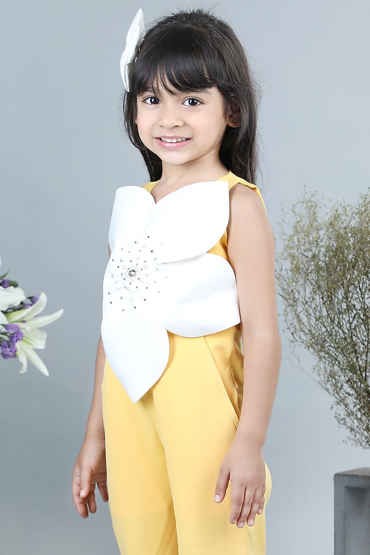 Yellow & White Imported Crepe Embellished Jumpsuit For Girls by The Little celebs at Pernia's Pop Up Shop