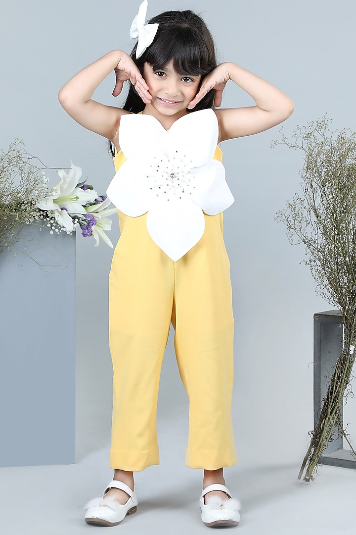 Yellow & White Imported Crepe Embellished Jumpsuit For Girls by The Little celebs at Pernia's Pop Up Shop