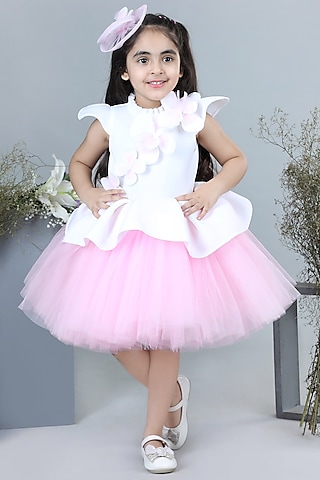 White & Pink Imported Crepe Embroidered Flared Dress For Girls by The Little celebs
