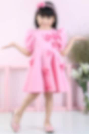 Pink Neoprene Embroidered Flared Dress For Girls by The Little celebs
