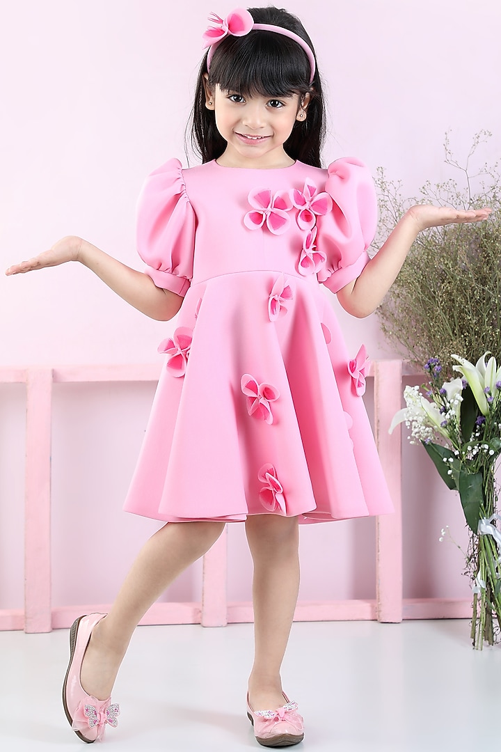 Pink Neoprene Embroidered Flared Dress For Girls by The Little celebs