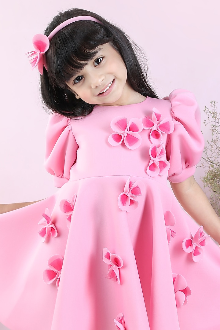 Pink Neoprene Embroidered Flared Dress For Girls by The Little celebs at Pernia's Pop Up Shop