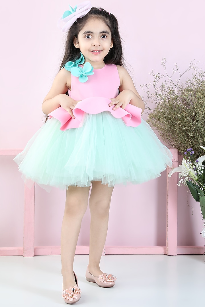 Pink & Sea Green Neoprene Embroidered Flared Dress For Girls by The Little celebs at Pernia's Pop Up Shop