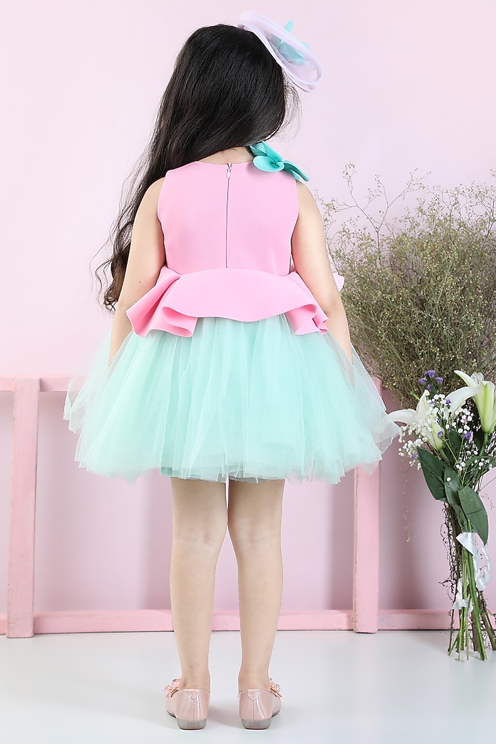 Pink & Sea Green Neoprene Embroidered Flared Dress For Girls by The Little celebs at Pernia's Pop Up Shop