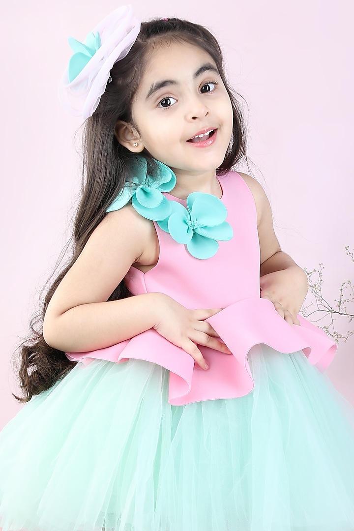 Pink & Sea Green Neoprene Embroidered Flared Dress For Girls by The Little celebs at Pernia's Pop Up Shop