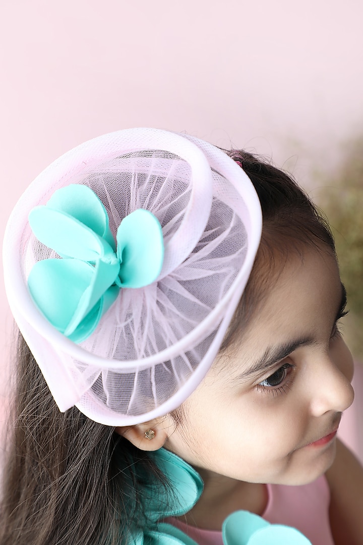 Pink & Sea Green Neoprene Embroidered Flared Dress For Girls by The Little celebs at Pernia's Pop Up Shop