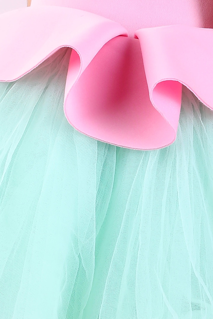 Pink & Sea Green Neoprene Embroidered Flared Dress For Girls by The Little celebs at Pernia's Pop Up Shop