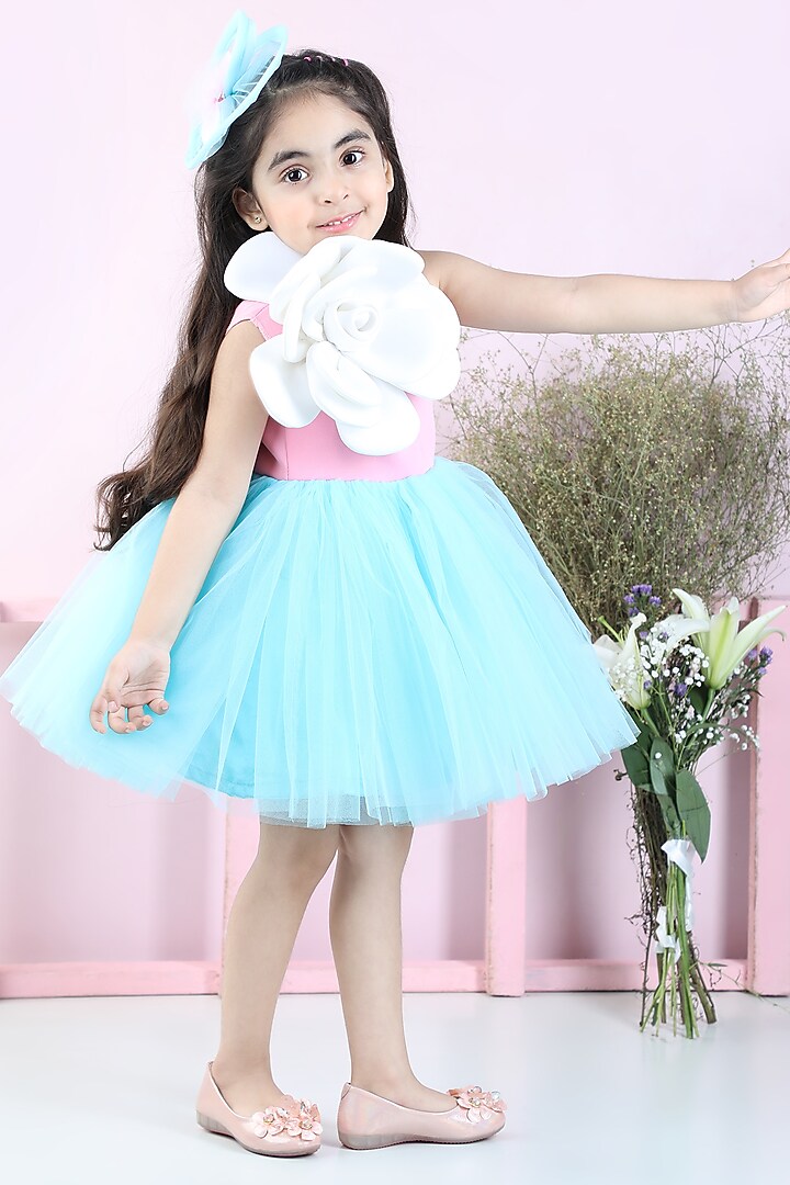 Pink & Blue Neoprene Embroidered Off-Shoulder Dress For Girls by The Little celebs at Pernia's Pop Up Shop