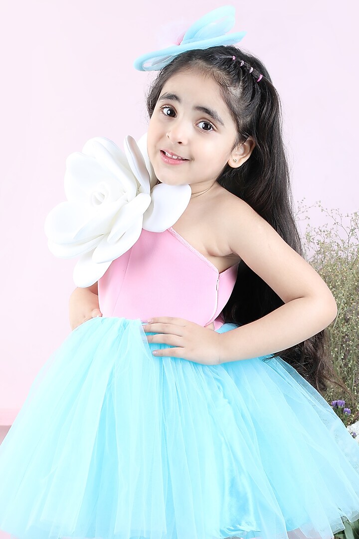 Pink & Blue Neoprene Embroidered Off-Shoulder Dress For Girls by The Little celebs at Pernia's Pop Up Shop