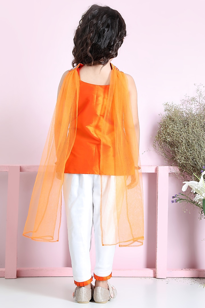 Orange Silk Embroidered Kurta Set For Girls by The Little celebs at Pernia's Pop Up Shop