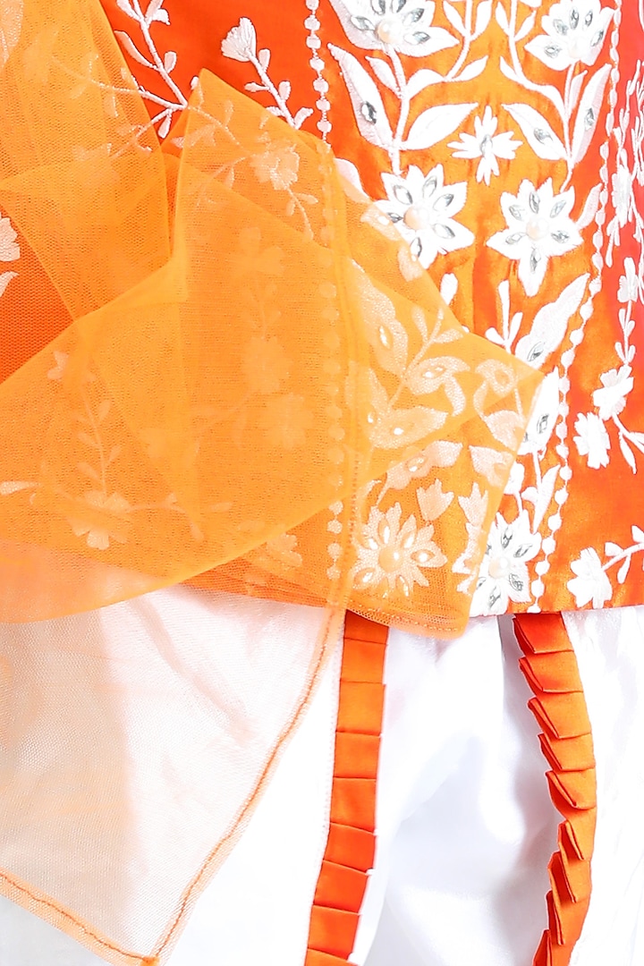 Orange Silk Embroidered Kurta Set For Girls by The Little celebs at Pernia's Pop Up Shop