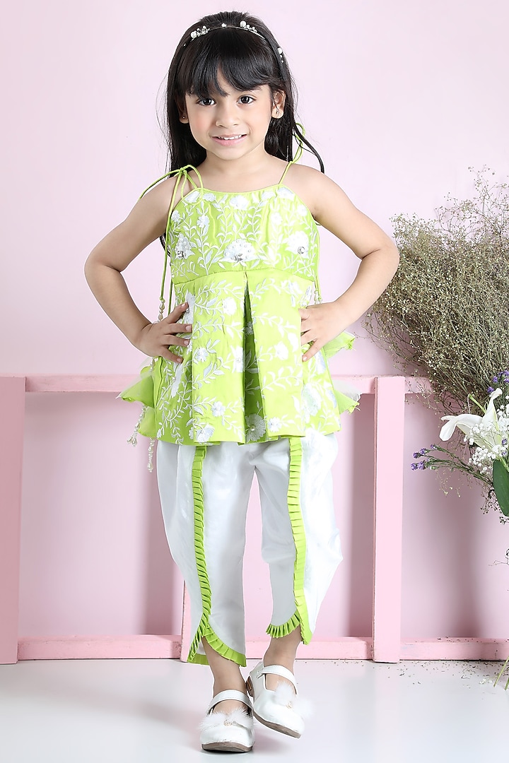 Green Silk Embroidered Peplum Kurta Set For Girls by The Little celebs