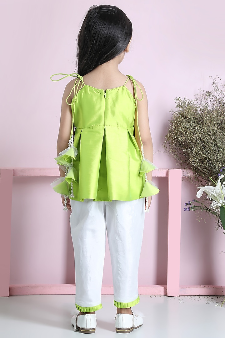 Green Silk Embroidered Peplum Kurta Set For Girls by The Little celebs at Pernia's Pop Up Shop