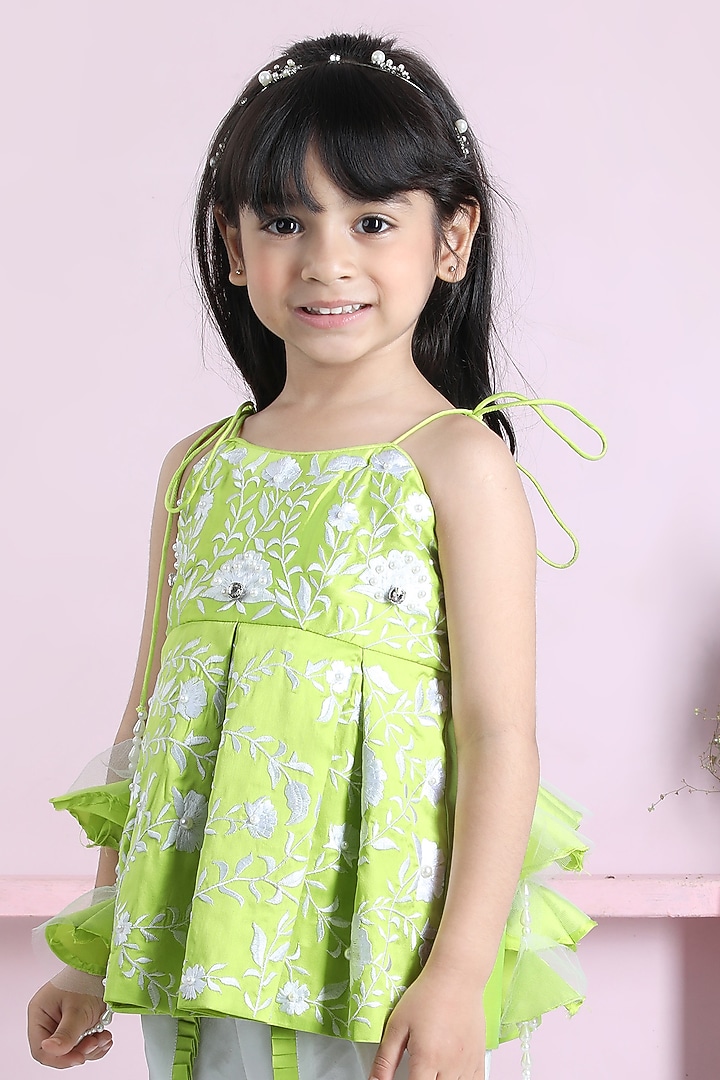 Green Silk Embroidered Peplum Kurta Set For Girls by The Little celebs at Pernia's Pop Up Shop
