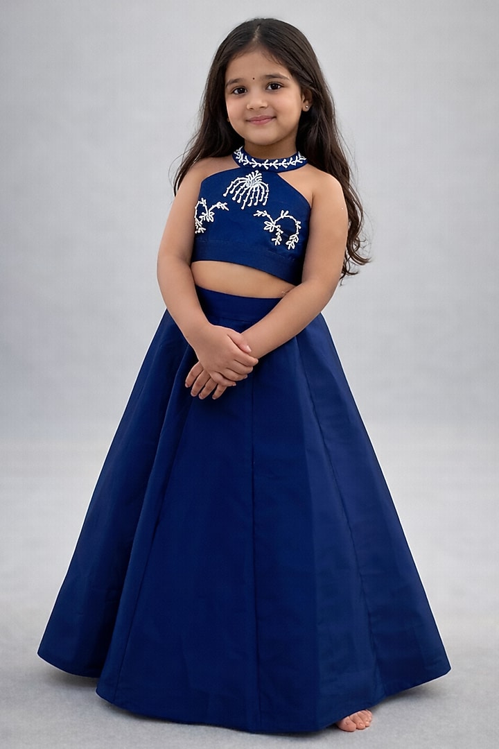 Royal Blue Silk Blend Lehenga Set For Girls by The Little celebs at Pernia's Pop Up Shop