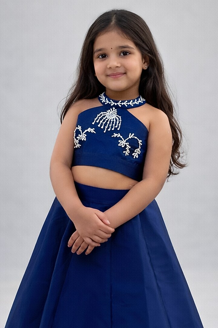 Royal Blue Silk Blend Lehenga Set For Girls by The Little celebs at Pernia's Pop Up Shop