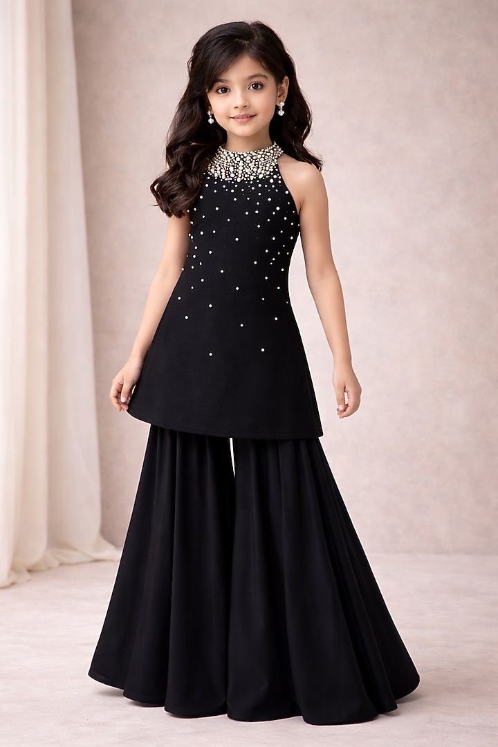 Black Georgette Gharara Set For Girls by The Little celebs at Pernia's Pop Up Shop