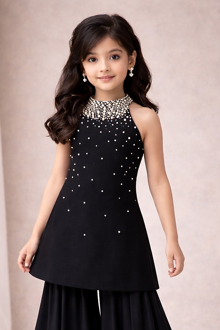 Black Georgette Gharara Set For Girls by The Little celebs at Pernia's Pop Up Shop