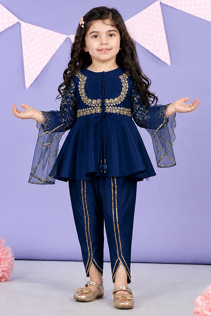Royal Blue Silk Blend Zari Embroidered Kurta Set For Girls by The Little celebs at Pernia's Pop Up Shop