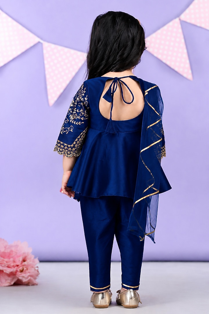 Royal Blue Silk Blend Zari Embroidered Kurta Set For Girls by The Little celebs at Pernia's Pop Up Shop