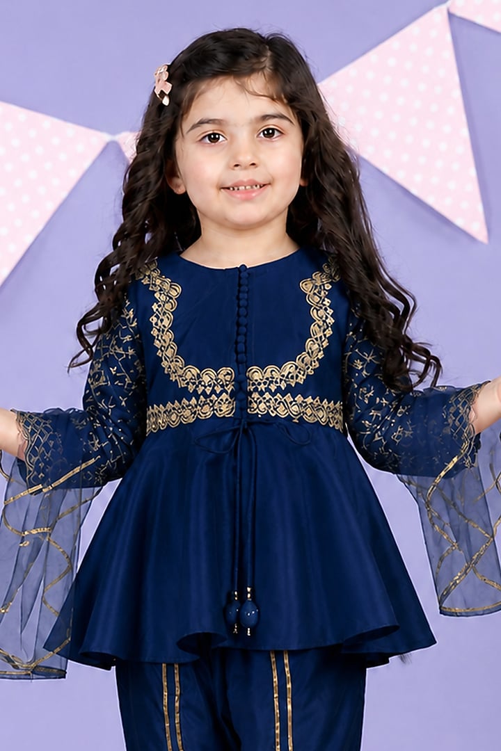 Royal Blue Silk Blend Zari Embroidered Kurta Set For Girls by The Little celebs at Pernia's Pop Up Shop
