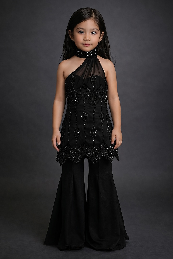 Black Georgette Flared Gharara Set For Girls by The Little celebs at Pernia's Pop Up Shop