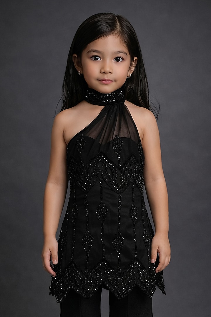 Black Georgette Flared Gharara Set For Girls by The Little celebs at Pernia's Pop Up Shop