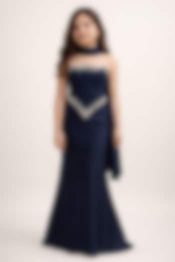 Royal Blue Silk Blend Crystal Embellished Gown For Girls by The Little celebs at Pernia's Pop Up Shop