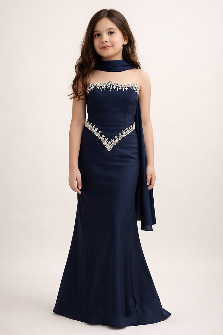 Royal Blue Silk Blend Crystal Embellished Gown For Girls by The Little celebs at Pernia's Pop Up Shop