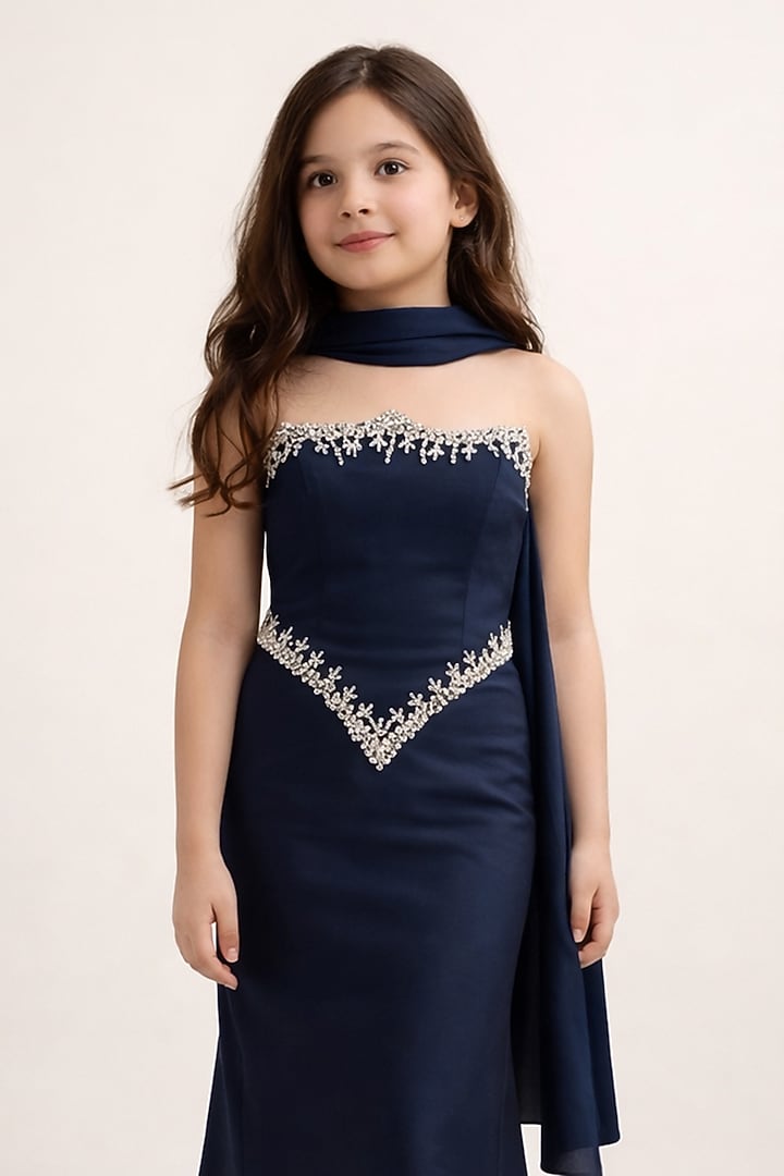 Royal Blue Silk Blend Crystal Embellished Gown For Girls by The Little celebs at Pernia's Pop Up Shop