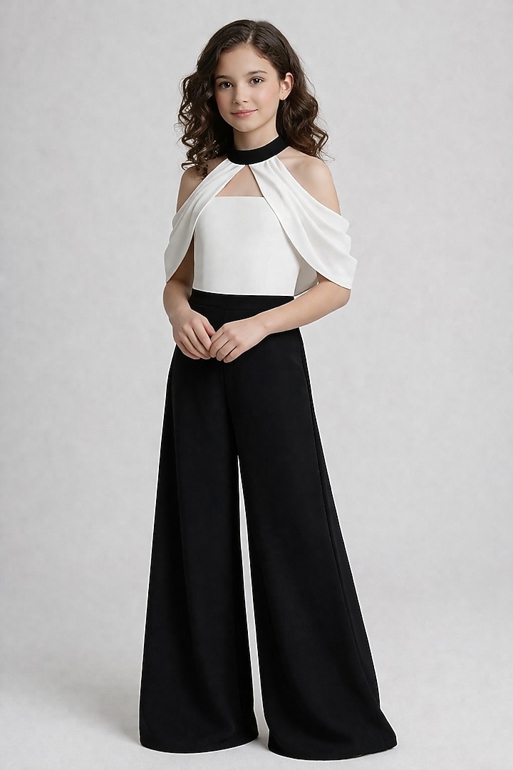 White & Black Japanese Crepe Jumpsuit For Girls by The Little celebs at Pernia's Pop Up Shop