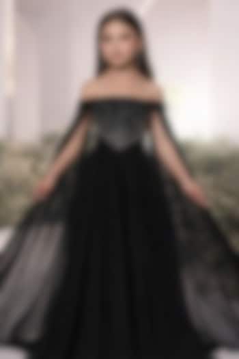 Black Georgette Swarovski Embellished Gown For Girls by The Little celebs at Pernia's Pop Up Shop