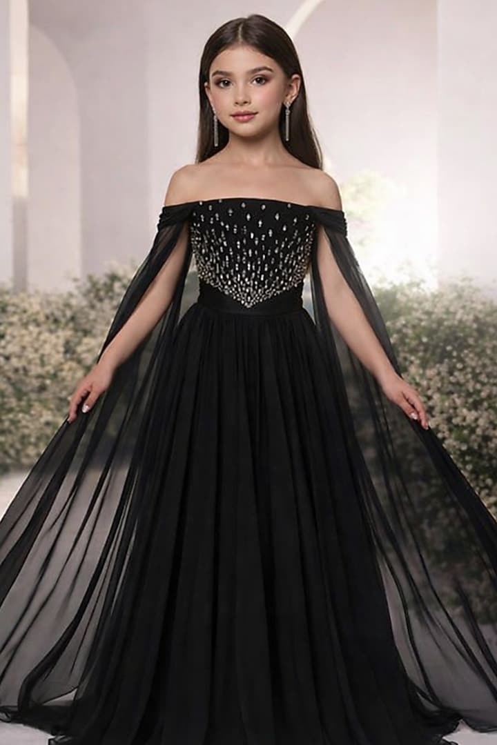 Black Georgette Swarovski Embellished Gown For Girls by The Little celebs at Pernia's Pop Up Shop