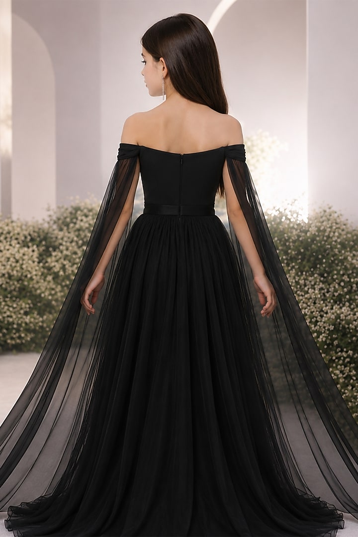Black Georgette Swarovski Embellished Gown For Girls by The Little celebs at Pernia's Pop Up Shop