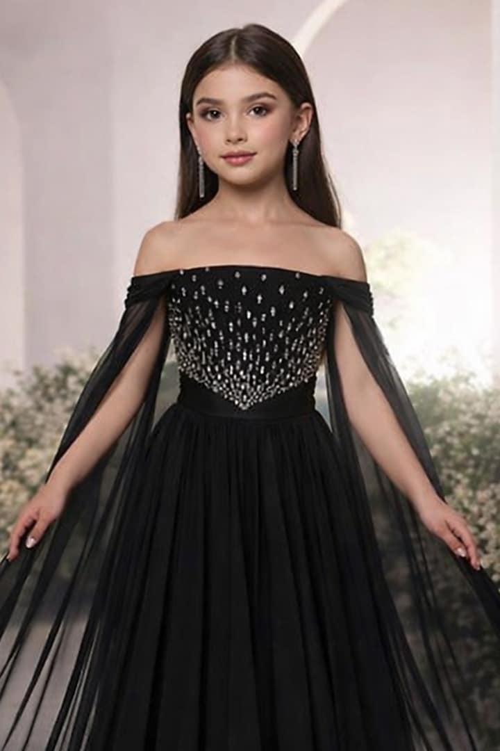 Black Georgette Swarovski Embellished Gown For Girls by The Little celebs at Pernia's Pop Up Shop