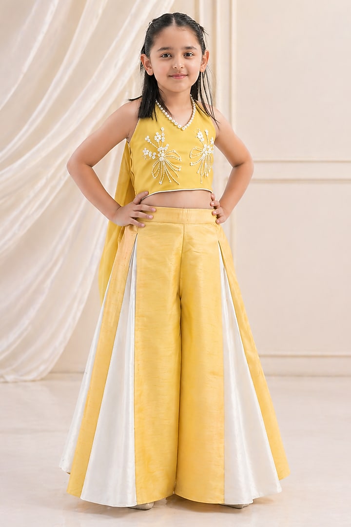 Yellow Silk Blend Pearl Embellished Co-Ord Set For Girls by The Little celebs at Pernia's Pop Up Shop