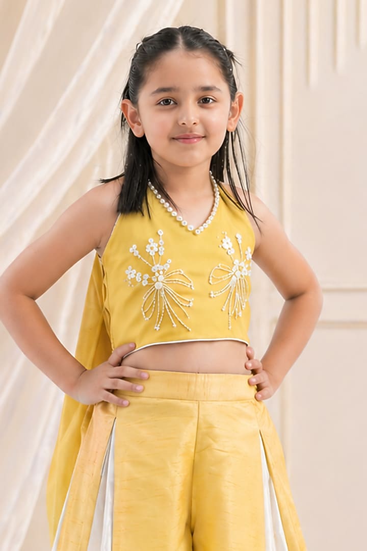 Yellow Silk Blend Pearl Embellished Co-Ord Set For Girls by The Little celebs at Pernia's Pop Up Shop