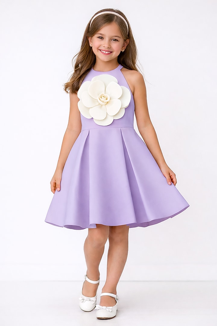 Lilac Japanese Crepe 3D Floral Dress For Girls by The Little celebs at Pernia's Pop Up Shop