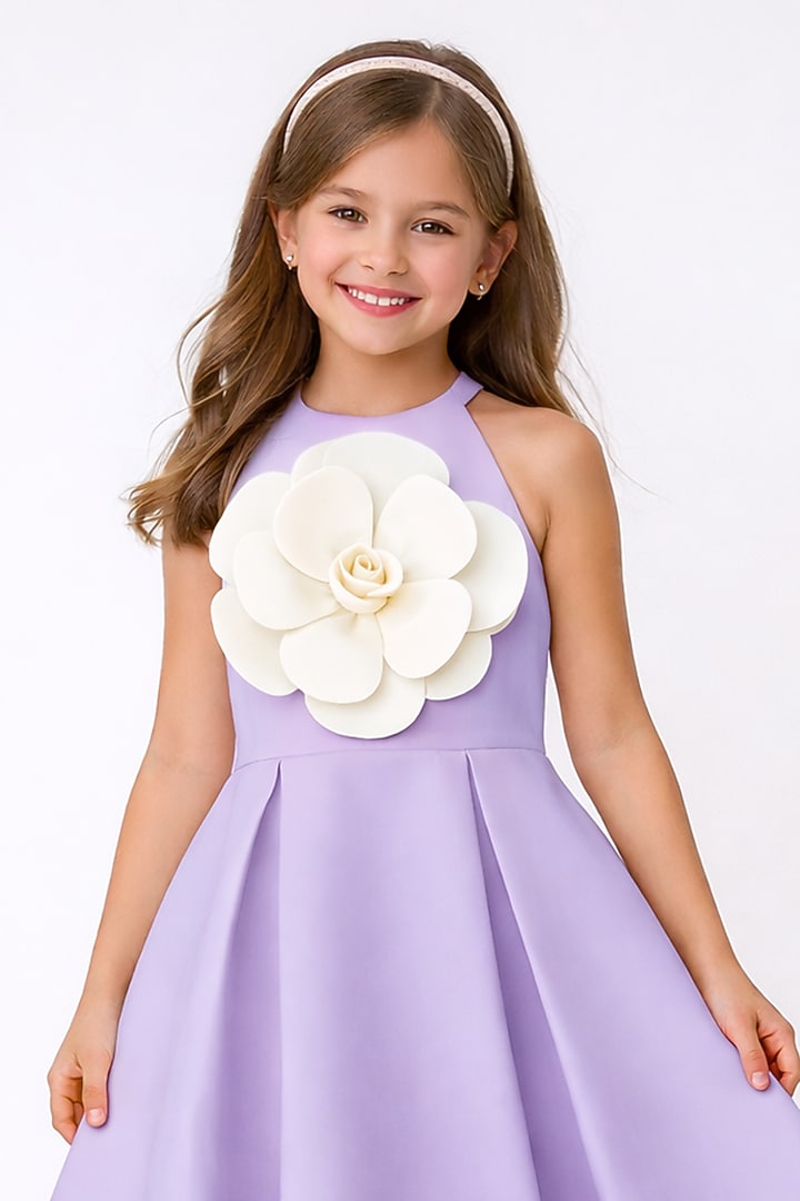 Lilac Japanese Crepe 3D Floral Dress For Girls by The Little celebs at Pernia's Pop Up Shop