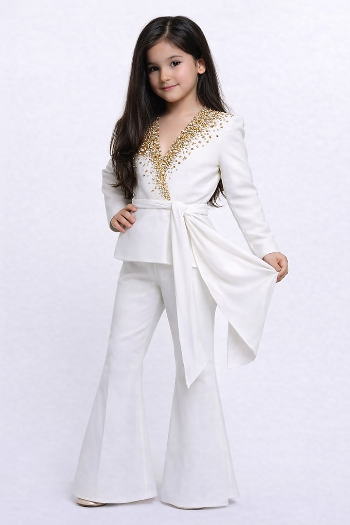 White Japanese Crepe Embroidered Co-Ord Set For Girls by The Little celebs at Pernia's Pop Up Shop