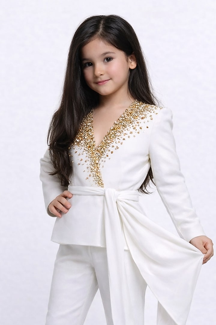 White Japanese Crepe Embroidered Co-Ord Set For Girls by The Little celebs at Pernia's Pop Up Shop