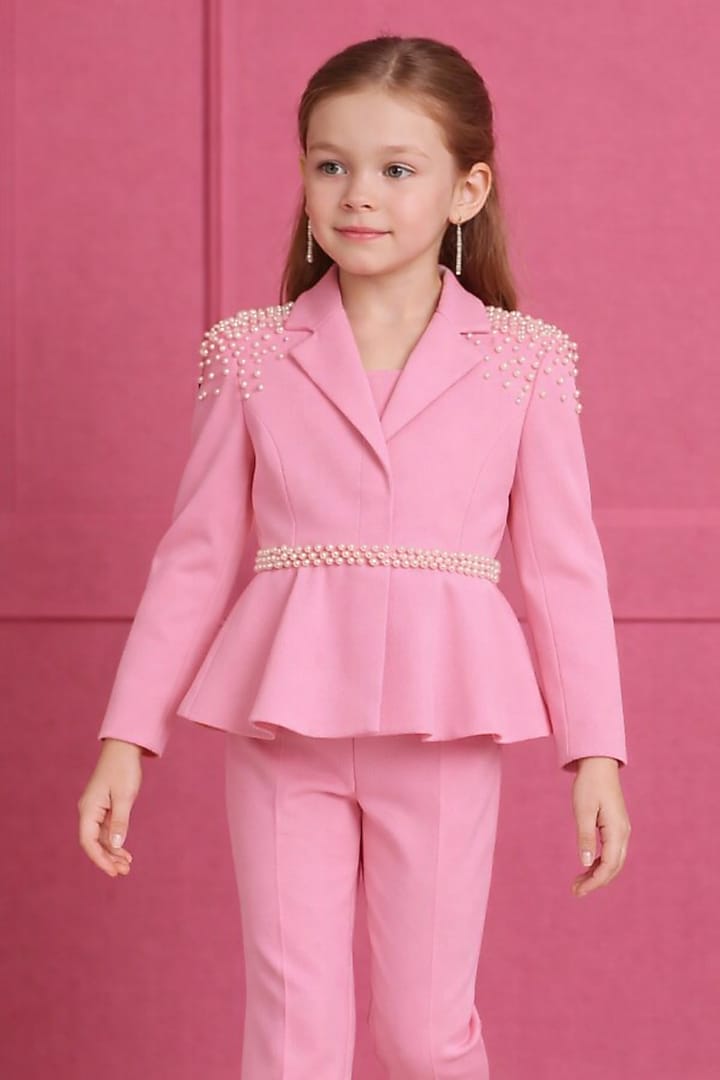 Pink Japanese Crepe Pearl Embroidered Co-Ord Set For Girls by The Little celebs at Pernia's Pop Up Shop